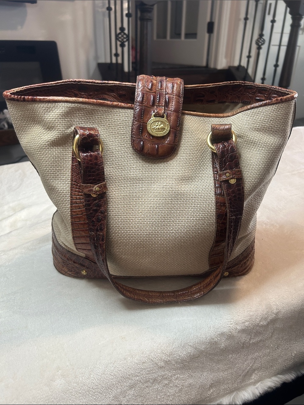 Brahmin Beige Canvas Tote with Brown Croc-Trim and Gold Accent